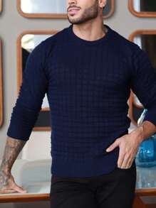 Men's Striped Knitted Sweater Blouse - Navy Blue - View 2