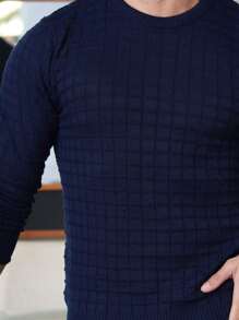 Men's Striped Knitted Sweater Blouse - Navy Blue - View 3