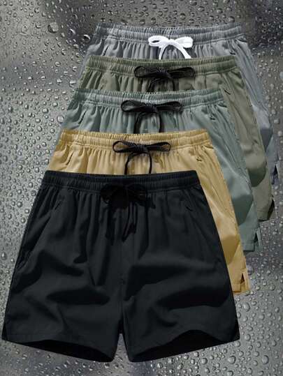 Boyfriend Style Men's Sports Shorts, Beach Vacation Solid Color Quick Dry Shorts With Hidden Zipper Pockets And Drawstring Waist