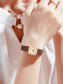 1pc LUCKYFOX Youth & Student Fashionable Personalized Girl's Quartz Watch, Luxury Minimalist Small Dial Square Case Leather Strap Watch, Suitable For Daily Life And Gift - Brown - View 2