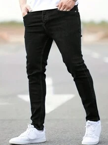 Men's Solid Color Pocket Slim Fit Stretchy Denim Jeans, Casual Daily Wear