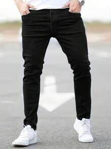 Men's Solid Color Pocket Slim Fit Stretchy Denim Jeans, Casual Daily Wear