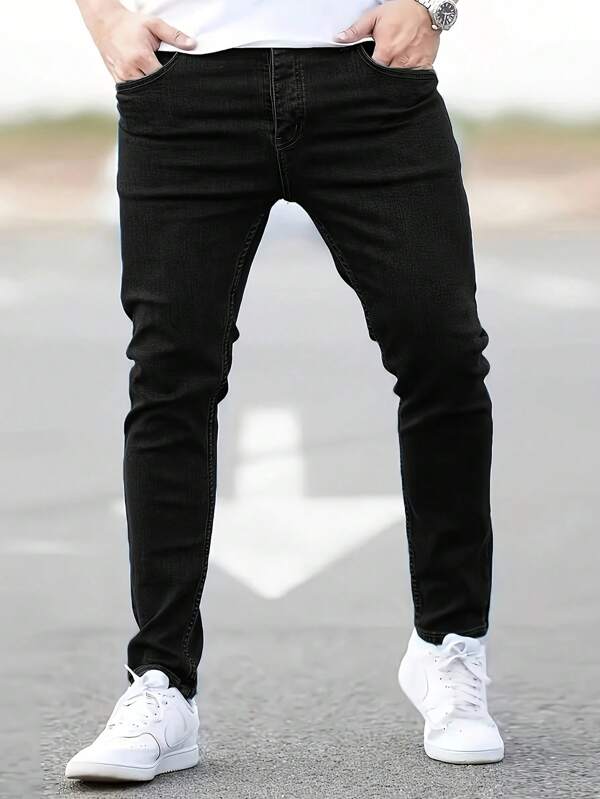 Calça jeans masculina de cor sólida com bolso slim fit elástica, uso diário casual