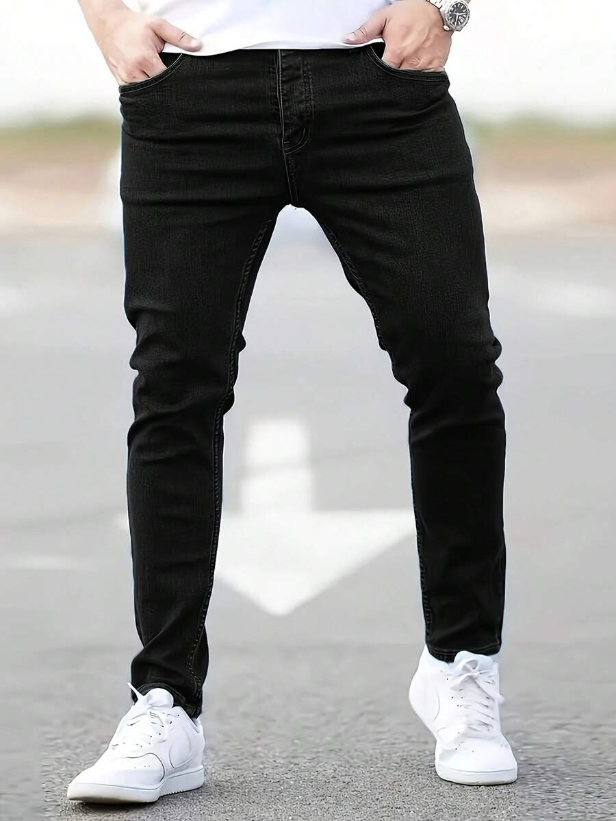Men's Solid Color Pocket Slim Fit Stretchy Denim Jeans, Casual Daily Wear