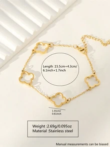1pc Minimalist Elegant 18K Gold Plated Stainless Steel Hollow Four-Leaf Clover Shaped Chain Bracelet, Suitable For Women's Daily Or Date Wear, Or As Festival Gift