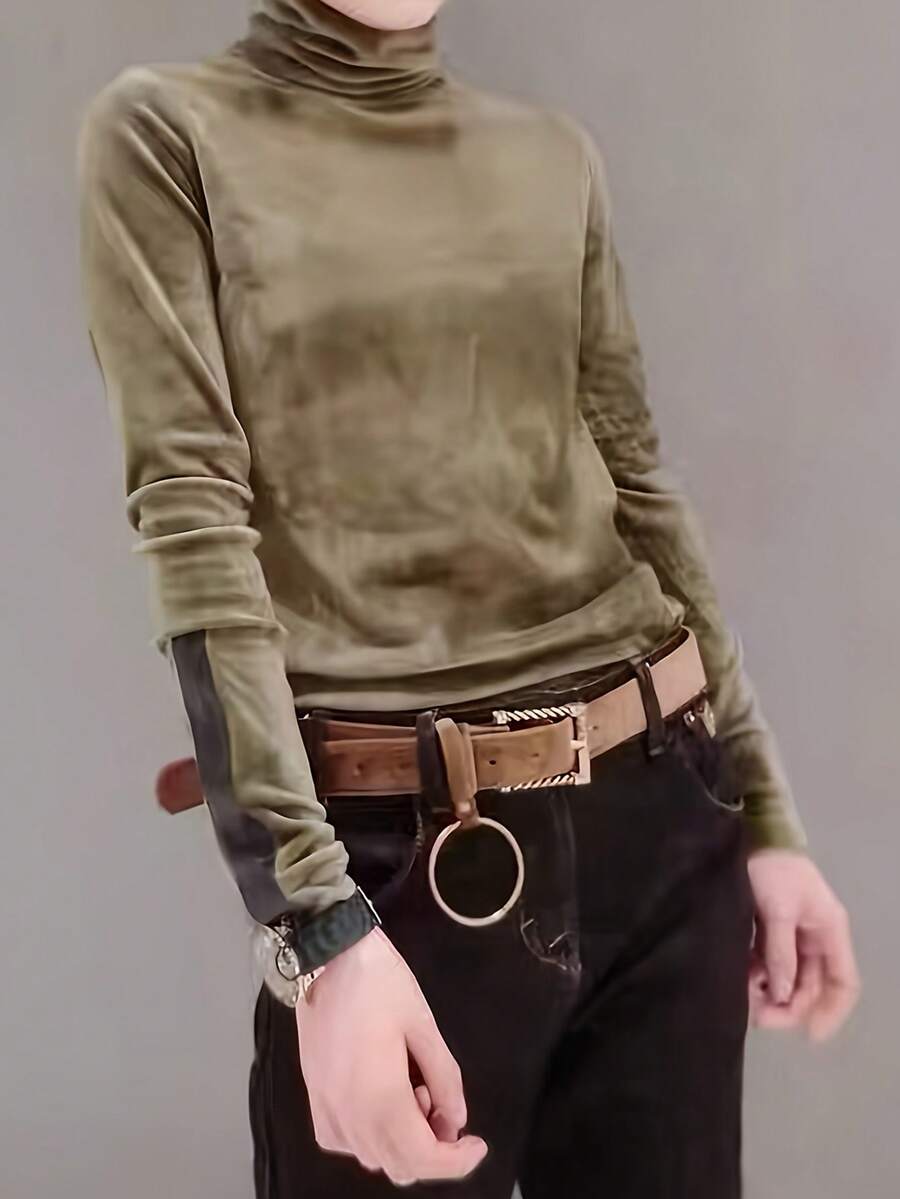 Women's Velvet Long Sleeve T-Shirt, New Autumn Fashion High Collar Stretchy Comfortable Sexy Tee, Versatile Fitted Slimming Chic Party Wear Casual Blouse - Green - View 1