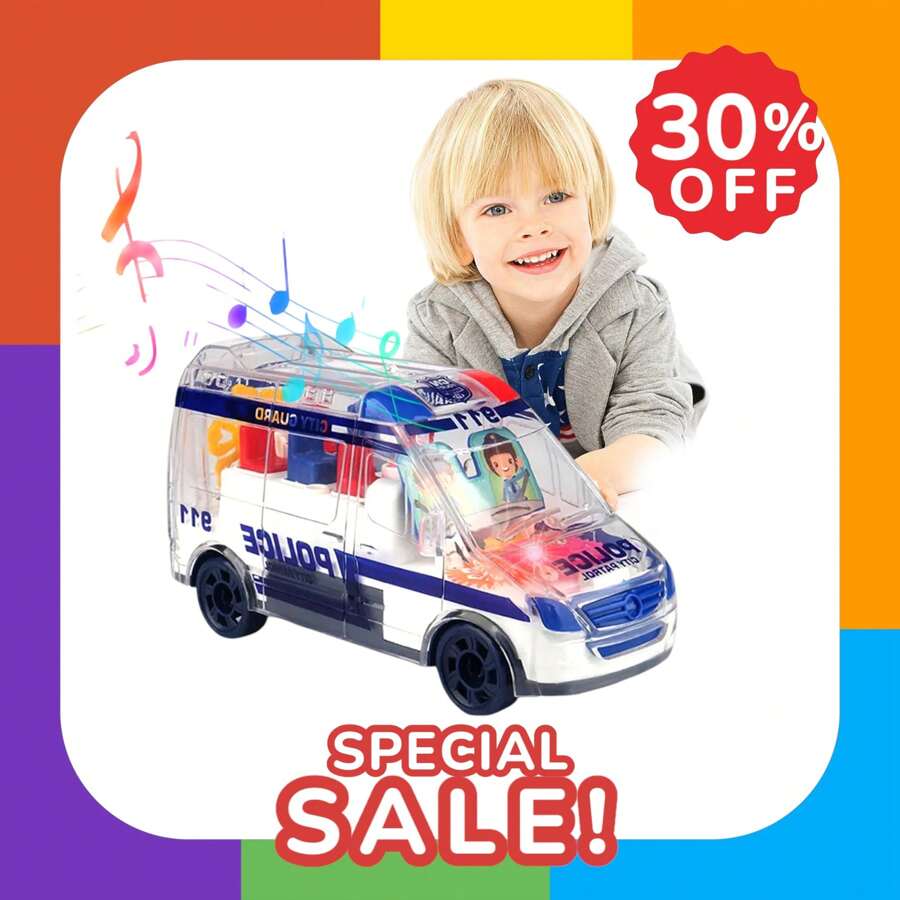 1 Piece Transparent Toy Car, Police Car, With Visible Colored Moving Gear System, Light And Sound, Transparent Electric Light, Music LED Light Effects, Educational And Fun Toy For Kids, Obstacle Avoidance Toy Car, With Colorful Lights And Sounds, Interactive Electric Toys For Kids, Perfect Gift For Birthday, And Christmas - Blue - View 1
