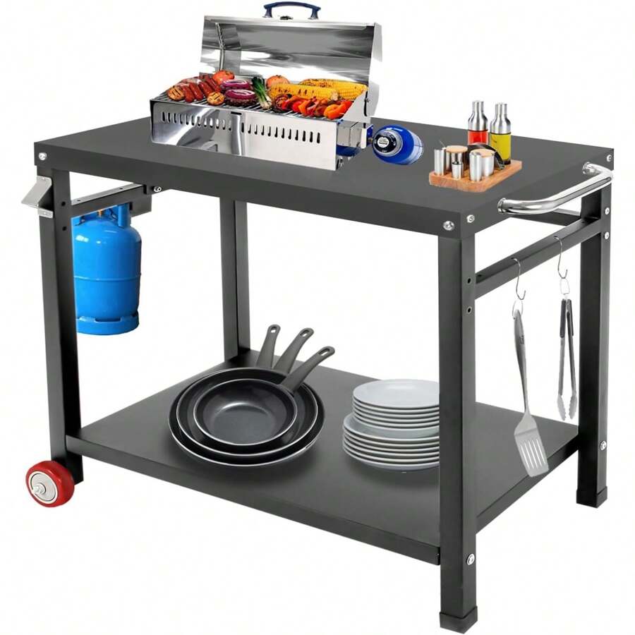 Dining Cart Table With Wheels Hooks And Side Handle Movable Outdoor