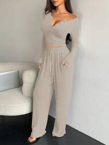 2 件套女士休闲运动套装，纯驼色，开放式领口设计，抽绳裤，2 件套服装 - 杏色 - 查看 4