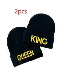 Aylhfo 1/2件秋冬流行KING QUEEN刺绣保暖针织帽情侣毛线帽套头帽冬帽 - 彩色 - 查看 12