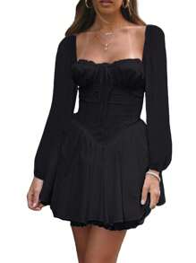 Women Long Sleeve Mini Corset Dress Casual Solid Color Party Mini Dress For Beach Cocktail Club Streetwear