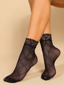 5pairs Floral Lace Net Short Socks, Fishnet Stockings, Sheer Thigh High Socks, Ladies Hosiery