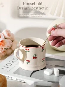 1件韩式樱桃陶瓷杯，可爱卡通咖啡杯带勺，家用早餐杯，牛奶杯 - 彩色 - 查看 11