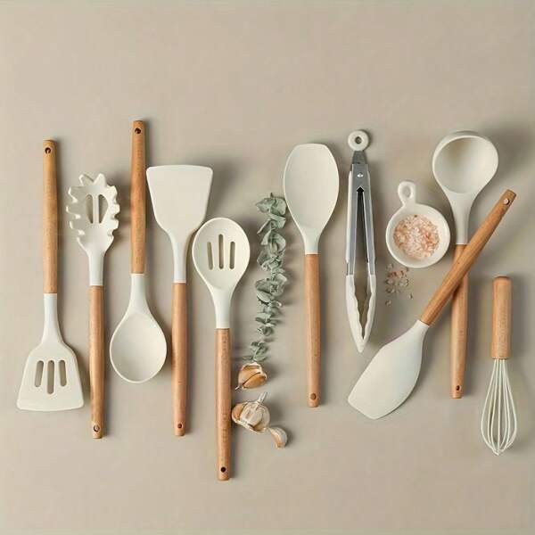 Set di 10 pezzi di utensili in silicone di alta qualità - resistenti al calore, antiaderenti, con manico in legno ergonomico, facili da pulire, accessori da cucina moderni essenziali - perfetti per Natale, Pasqua, Ognissanti, celebrazioni