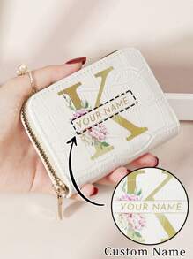 定制姓名签名鳄鱼印花字母花朵时尚多卡位卡包钱包短款钱包，情人节、母亲节、生日礼物，女士钱包和包包