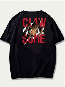 Claw Sume Brave Tiger Men's T-Shirt Printed Casual Cotton Comfort Short Sleeve - 黑色 - 查看 3