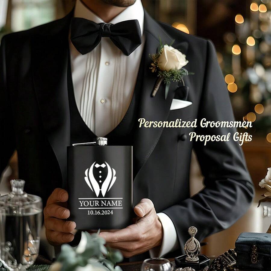 Personalized Stainless Steel Small Decanter Cup, 6 Oz, Engraved, Customized Name And Date, Perfect For Best Man, Bridesmaid, Wedding Favors, Engagement Favors, Party Gathering