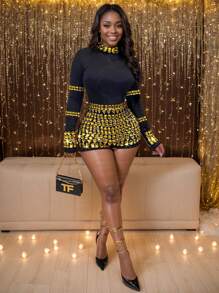 Vestido preto e dourado da moda para mulheres, macacão com strass, estilo de festa casual - Dourado - Visão 2