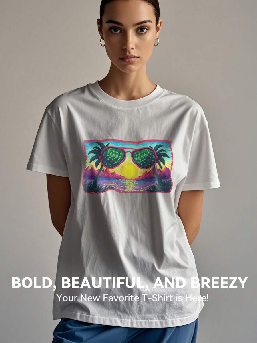 Camiseta de manga corta con estampado para mujer, camisa negra y blanca, camisa de 180 g/m², camiseta de cuello redondo de manga corta, camiseta deportiva casual y transpirable, cómoda, de estilo vintage casual, adecuada para el verano, la playa o las vacaciones