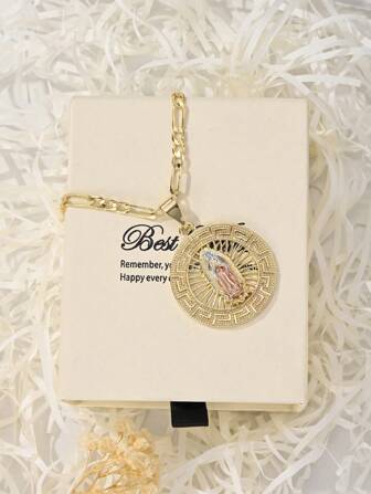 1 件 2025 新款铜防过敏时尚简约铜镶嵌锆石珐琅精制水滴瓜达卢佩吊坠项链，配有豪华礼品盒，适合母亲/情人节情侣/朋友/教父母、天主教第一圣人、日常和节日佩戴