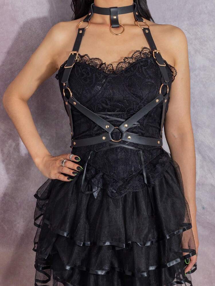 1 件女式哥特式 PU 仿皮露背紧身俱乐部服装 - 黑色 - 查看 1