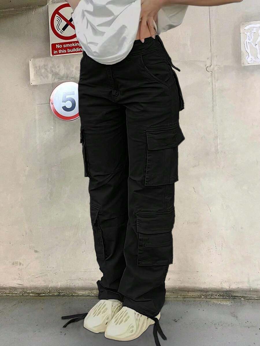 Christmas Gift High Waisted Cargo Pants For Women Baggy Y2k Straight Wide Leg Pants With Pockets Streetwear Party New Year Warm Thermal - 黑色 - 查看 1