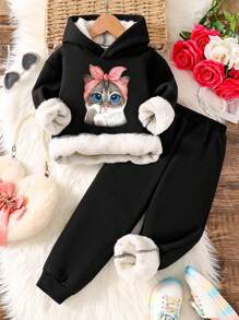 年轻女孩猫咪图案印花连帽运动衫和运动裤 - 黑色 - 查看 2