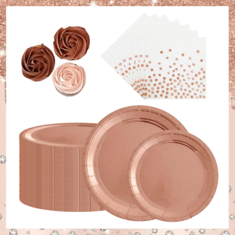 Set di stoviglie monouso in carta di colore oro rosa per decorazione da tavola, piatti da dessert e da cena rotondi da 7"/9" in carta rivestita di alluminio e tovaglioli, articoli per feste per compleanni, Natale, matrimoni, pasti in famiglia, vacanze, barbecue