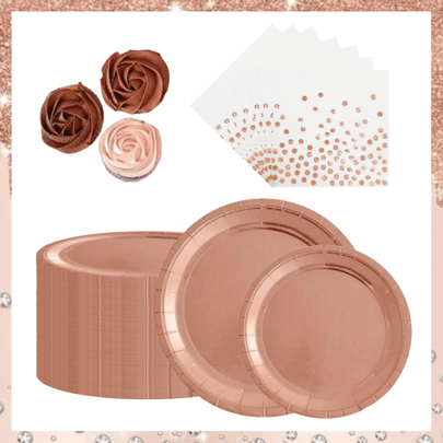 Conjunto de talheres descartáveis de papel ouro rosa para decoração de mesa, pratos de papel de sobremesa redondos aluminizados de 7"/9" e guardanapos, suprimentos para festas de aniversário, Natal, casamento, refeições em família, feriados, churrascos