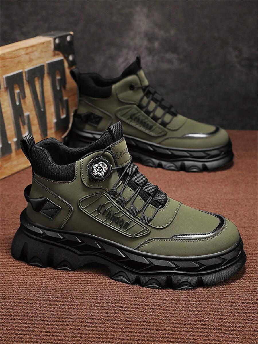 Men's 2024 Autumn/Winter New Arrival British Style Anti-Slip Heightening Cargo Boots, Versatile Thick Sole Outdoor Hiking High-Top Boots - Green - View 1