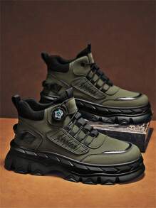 Men's 2024 Autumn/Winter New Arrival British Style Anti-Slip Heightening Cargo Boots, Versatile Thick Sole Outdoor Hiking High-Top Boots - Green - View 4