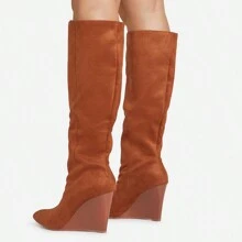 Ego Bronwyn Pointed Toe Wedge Heel Knee High Long Boot In Tan Brown Faux Suede - Brown - View 3