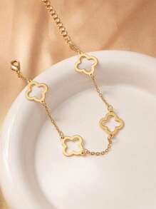 1pc Minimalist Elegant 18K Gold Plated Stainless Steel Hollow Four-Leaf Clover Shaped Chain Bracelet, Suitable For Women's Daily Or Date Wear, Or As Festival Gift