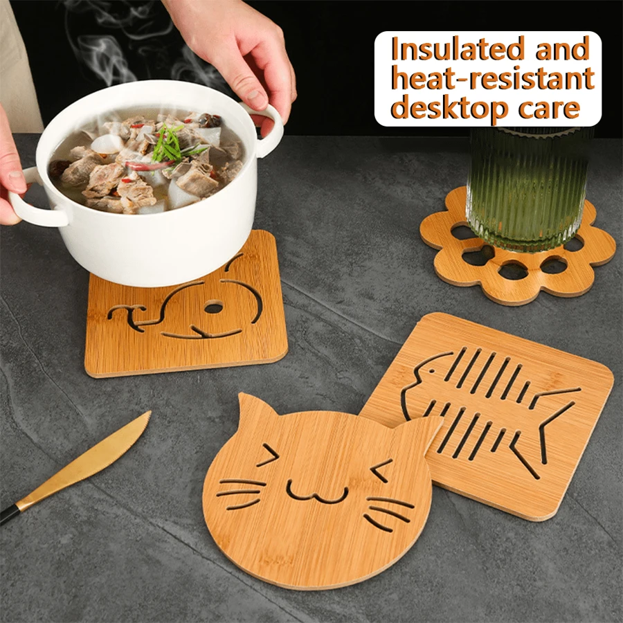 卡通镂空木质杯垫厨房餐具加厚防烫隔热垫餐垫木质防滑锅垫锅垫 - 均碼 - 查看 1