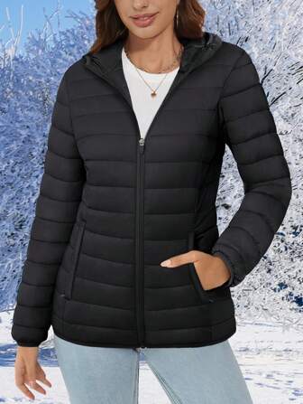 NASBING Women's Hooded Down Jacket, Windproof And Lightweight, Quilted Lining, Zipper Design, Casual Winter Clothing, With 4 Pockets, Suitable For Hiking, Camping, Work And Other Occasions