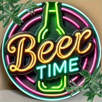 1 件“啤酒时间”8x8 英寸霓虹灯平面印刷金属墙饰牌 - 卧室、厨房、餐厅和酒吧装饰的完美之选 | 耐用，易于悬挂 | 独特的礼品创意，无需用电，8x8 英寸装饰牌匾，适合家居、办公室或作为礼物，孔位随机