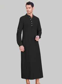 Men's Long Sleeve Henley Collar Linen Robe, Arab Caftan With Attached Loop (Sleeve Tabs) - Black - View 1