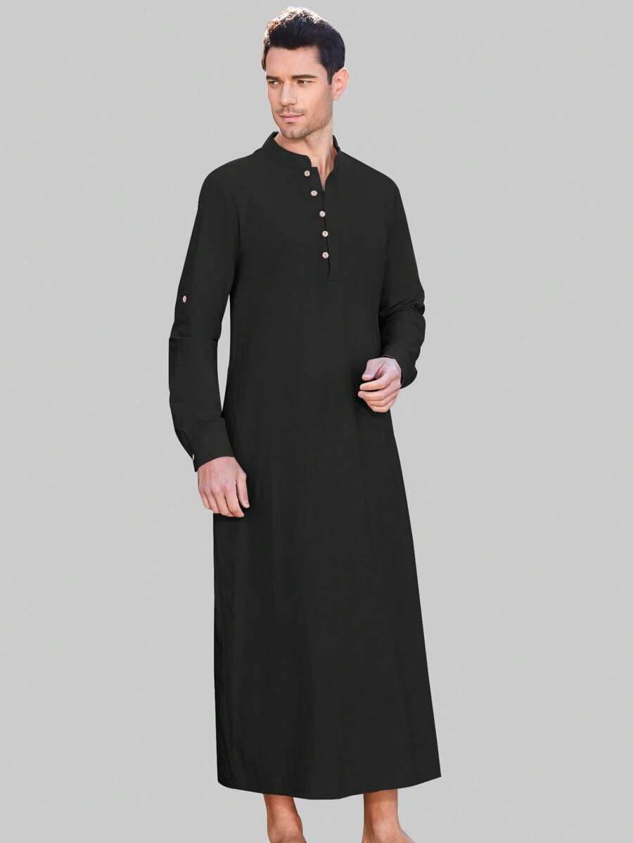 Men's Long Sleeve Henley Collar Linen Robe, Arab Caftan With Attached Loop (Sleeve Tabs) - Black - View 1