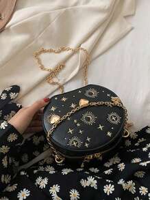 Mini bolsa redonda bordada, bolsa transversal com decoração de coração de corrente, bolsa circular com padrão de estrela e lua, presente de dia dos namorados, bolsa redonda pequena retrô de PU, bolsa de corrente estilo francês feminina, bolsa transversal de ombro bordada da moda