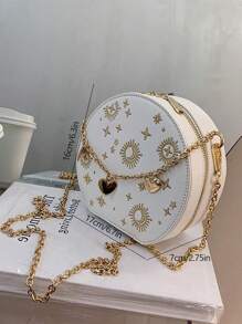Mini bolsa redonda bordada, bolsa transversal com decoração de coração de corrente, bolsa circular com padrão de estrela e lua, presente de dia dos namorados, bolsa redonda pequena retrô de PU, bolsa de corrente estilo francês feminina, bolsa transversal de ombro bordada da moda