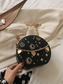 Mini bolsa redonda bordada, bolsa transversal com decoração de coração de corrente, bolsa circular com padrão de estrela e lua, presente de dia dos namorados, bolsa redonda pequena retrô de PU, bolsa de corrente estilo francês feminina, bolsa transversal de ombro bordada da moda