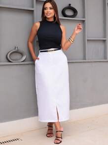 Tailored Midi Skirt With Belt, Slit, Side Pocket, Evangelical Fashion - trắng - Xem 1