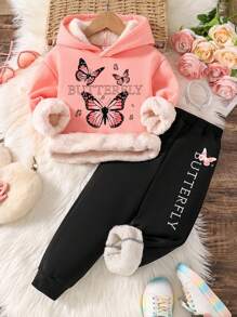 Young Girl Butterfly Pattern Printed Warm Hoodie And Sports Pants - Pink - View 1