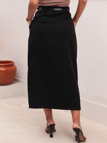 Tailored Midi Skirt With Belt, Slit, Side Pocket, Evangelical Fashion - 黑色 - 查看 4