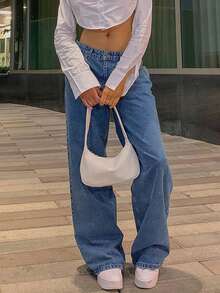 Jeans rectos casuales sueltos con bolsillos para mujer - Azul lavado oscuro - Ver 5