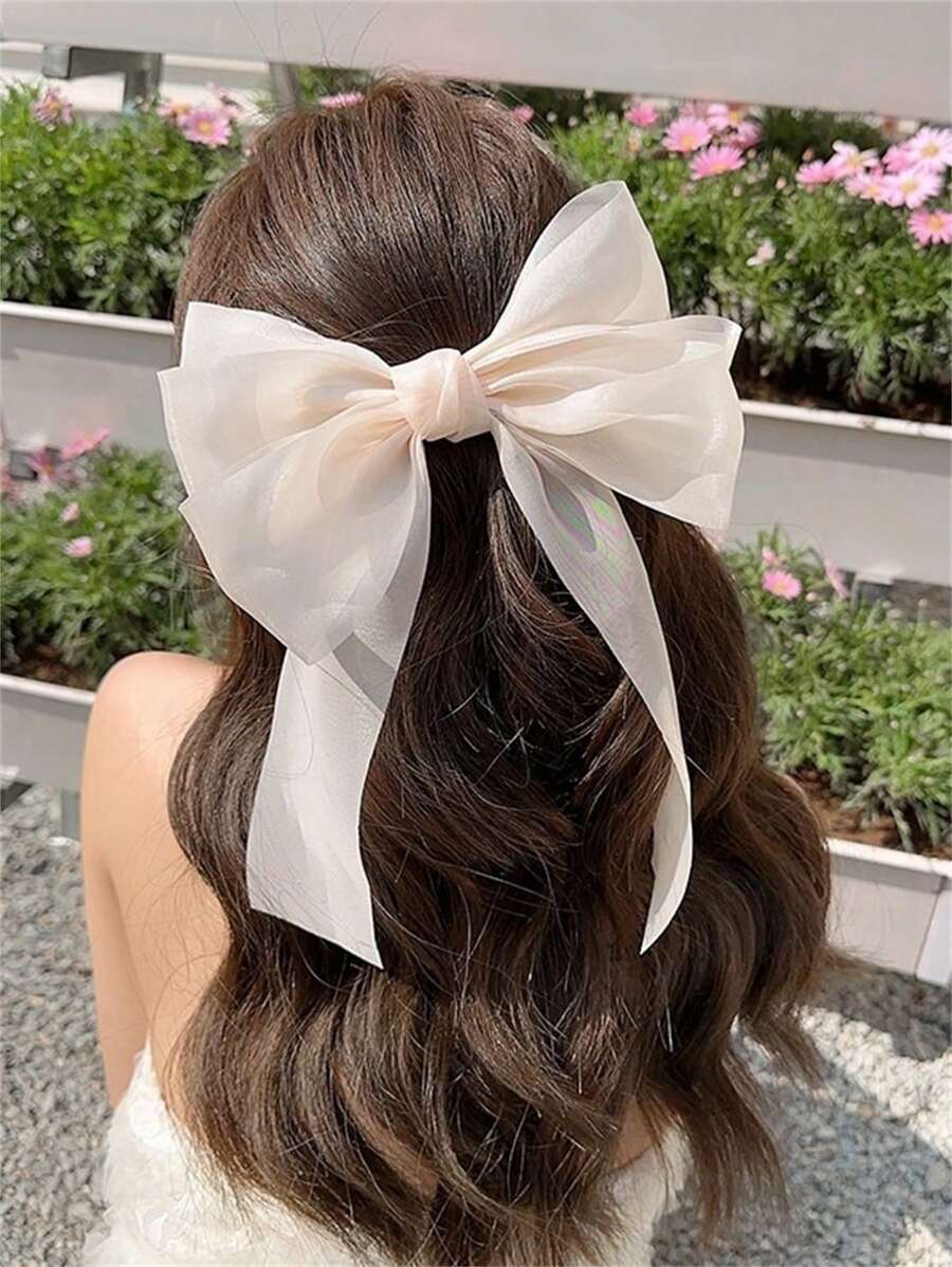 1pc Women's Fashionable Minimalist Bow Ribbon Spring Hair Clip, Cute Hair Accessory - Multicolor - View 1