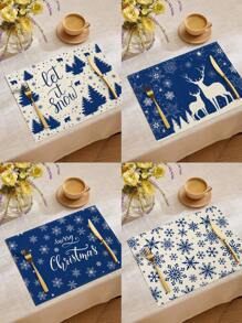 1 Stück/4 Stück/6 Stück, Weihnachten Winter Tisch-Platzsets, Weihnachten blaue Grünpflanzen Schneeflocken Rentier Leinen Platzsets, schmutzabweisende Platzsets, geeignet für Zuhause, Esszimmer und Restaurant, Tischdekor, Heimwaren