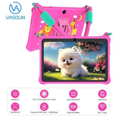 VASOUN Kids Tablet,7 Inch Toddler Tablet For Kids Edition Tablet,2GB RAM 32GB ROM, Android 13 Tablet With Parental Control,Educational, Games, Shockproof Case