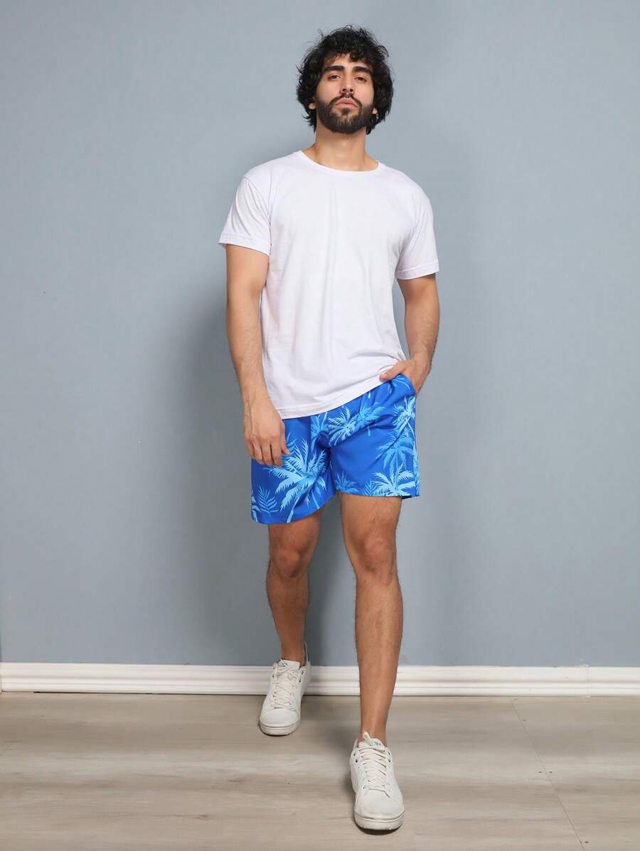 Men's Beach Shorts With Colorful Print And Drawstring Pocket - 藍色 - 查看 1