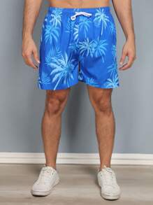 Men's Beach Shorts With Colorful Print And Drawstring Pocket - 藍色 - 查看 4